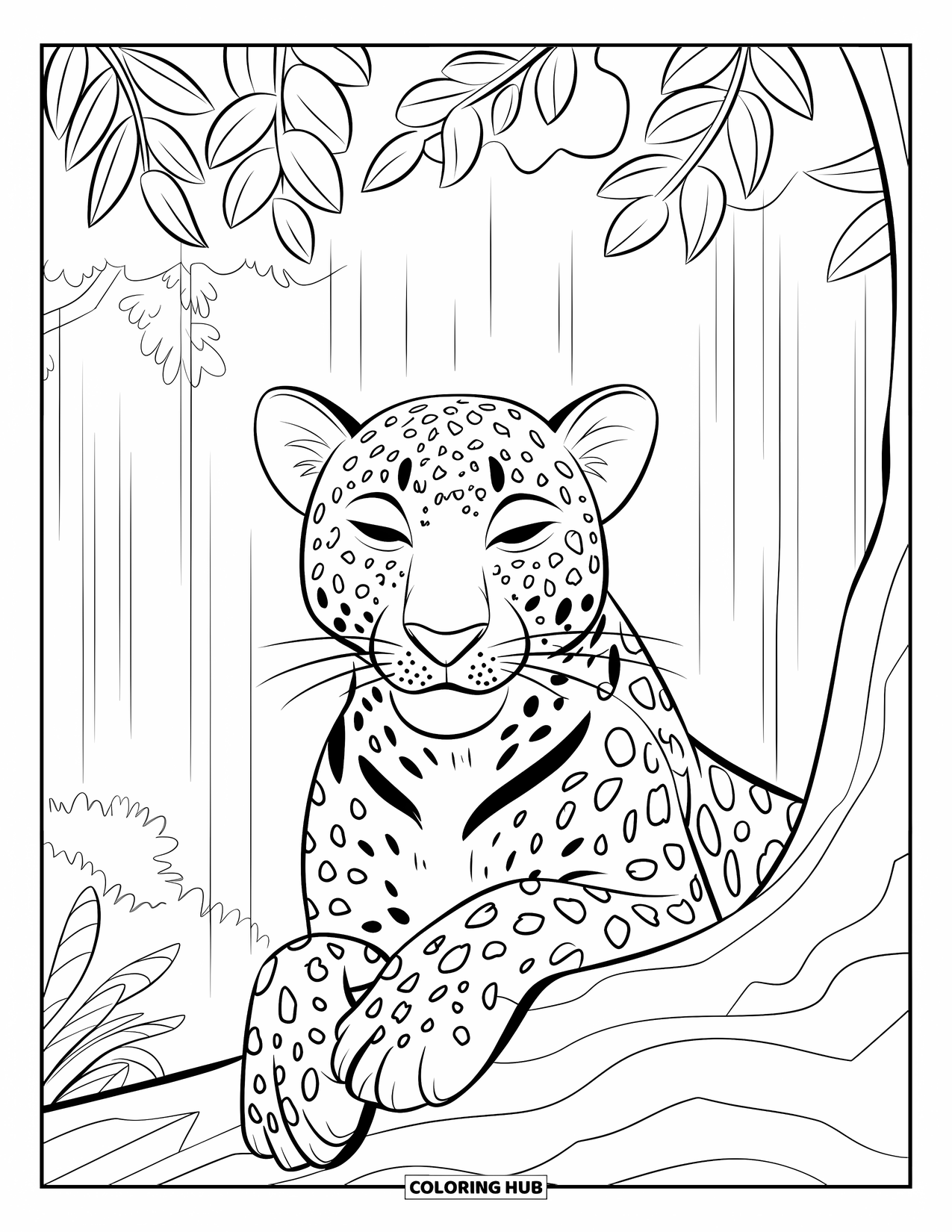 Leopard Coloring Page for Kids: Leopard rests under a tree as soft rain falls in a quiet forest