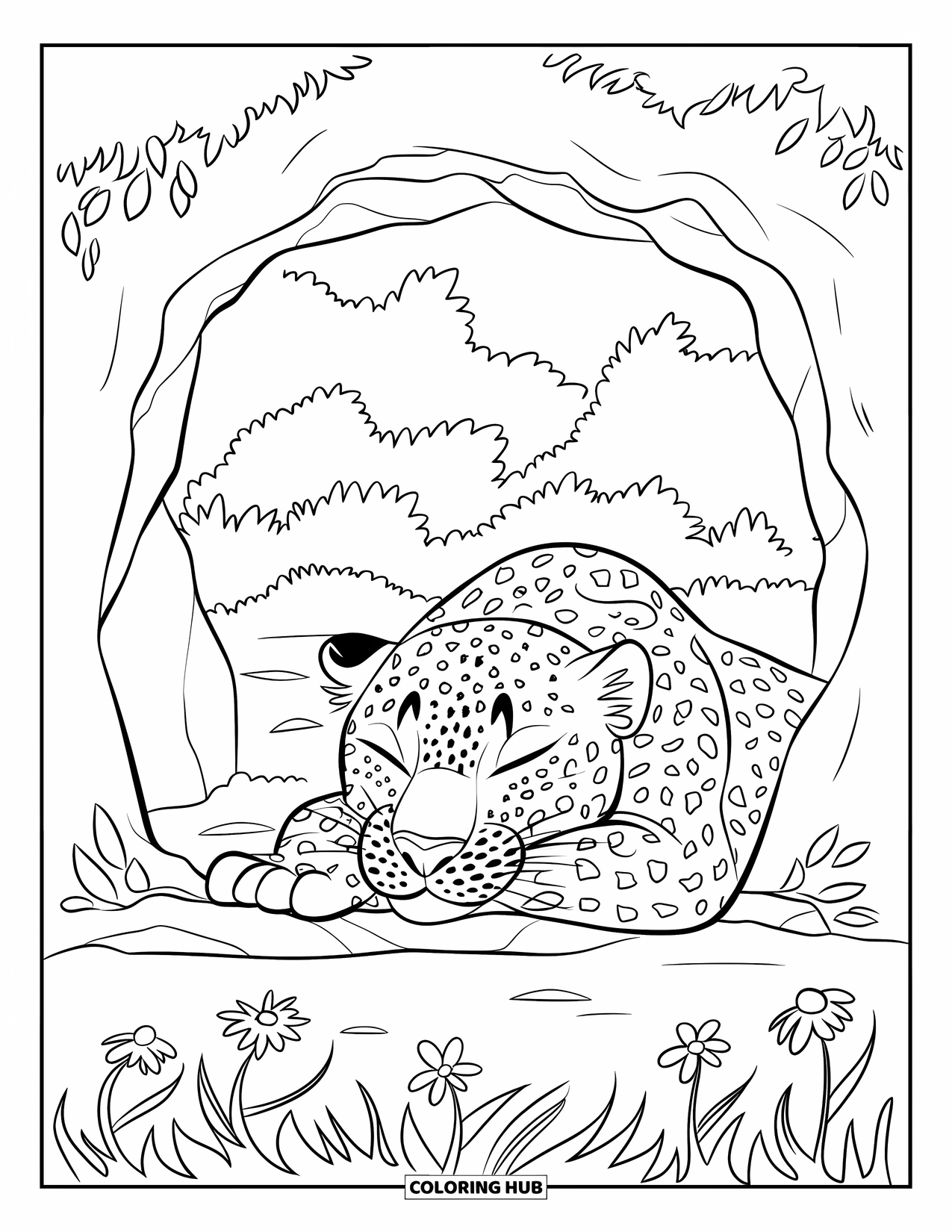 Leopard Coloring Page for Kids: Leopard sleeps inside a cozy cave entrance with flowers at the edge