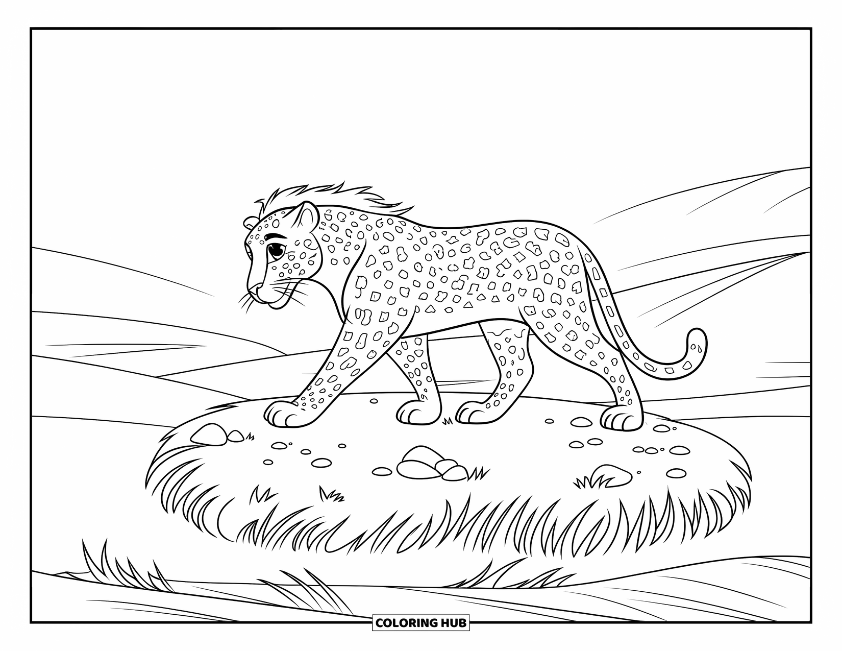 Leopard Coloring Page for Kids: Leopard strolls across a grassy patch with a mane and peaceful hills