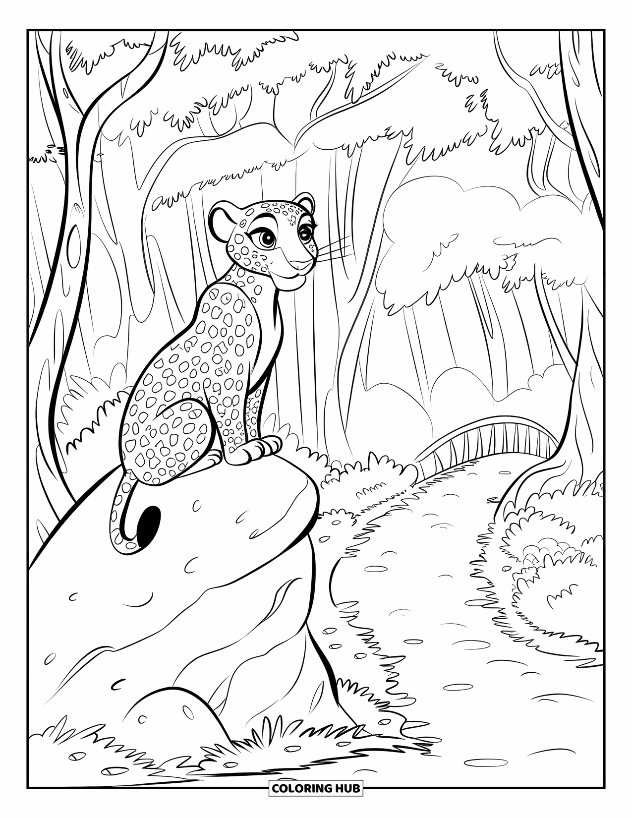 Leopard Coloring Page for Kids: Leopard watches over a jungle path lined with trees and a misty bridge