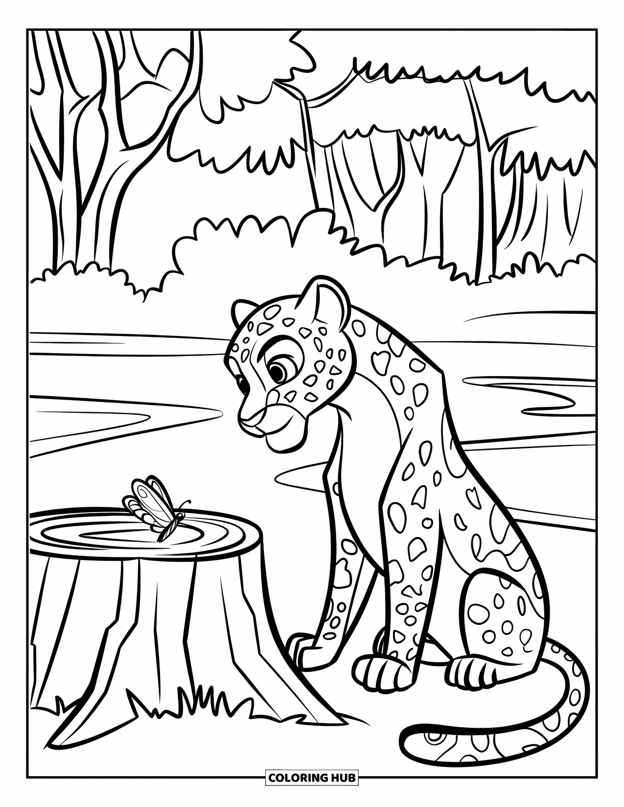 Leopard Coloring Page for Kids: Leopard with a big mane watches a butterfly near a forest stump