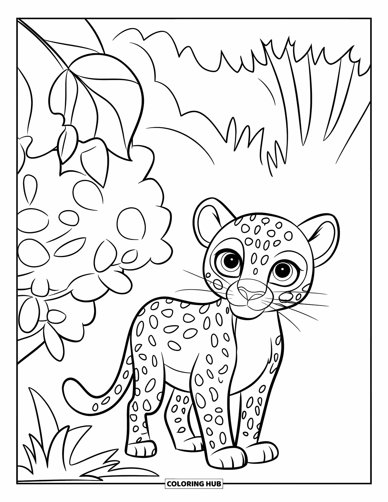 Leopard Coloring Page for Kids: Leopard with big eyes stands beside a round-leaf bush in the forest
