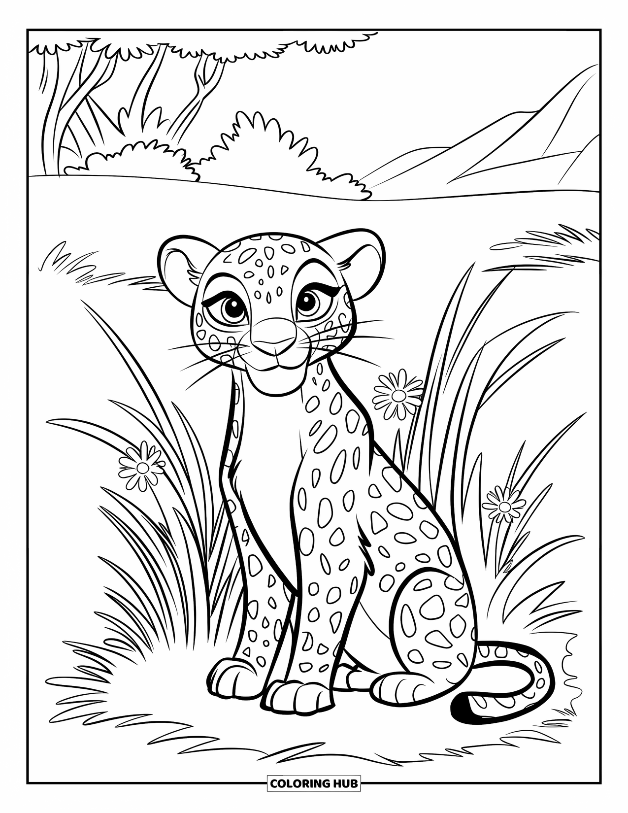 Leopard Coloring Page for Kids: Leopard with bold stripes sits in tall grass with flowers and trees behind