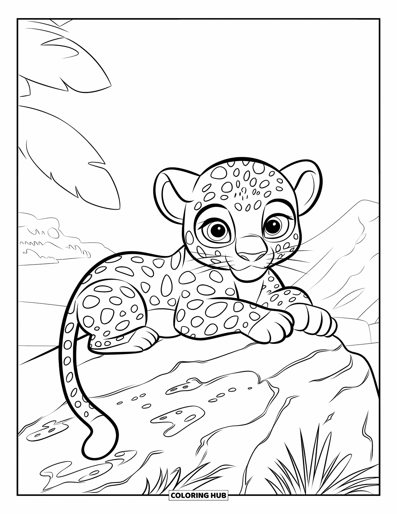 Leopard Coloring Page for Kids: Leopard with circle spots lies curiously on a rock near mountains