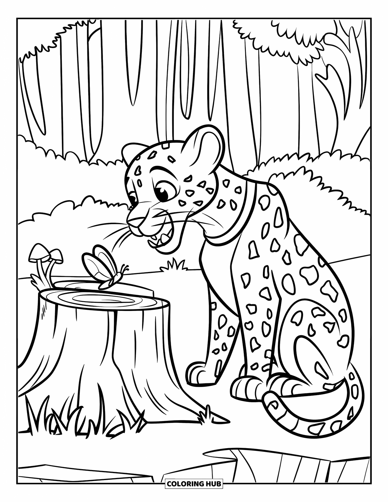 Leopard Coloring Page for Kids: Leopard with collar watches a butterfly flutter over a stump
