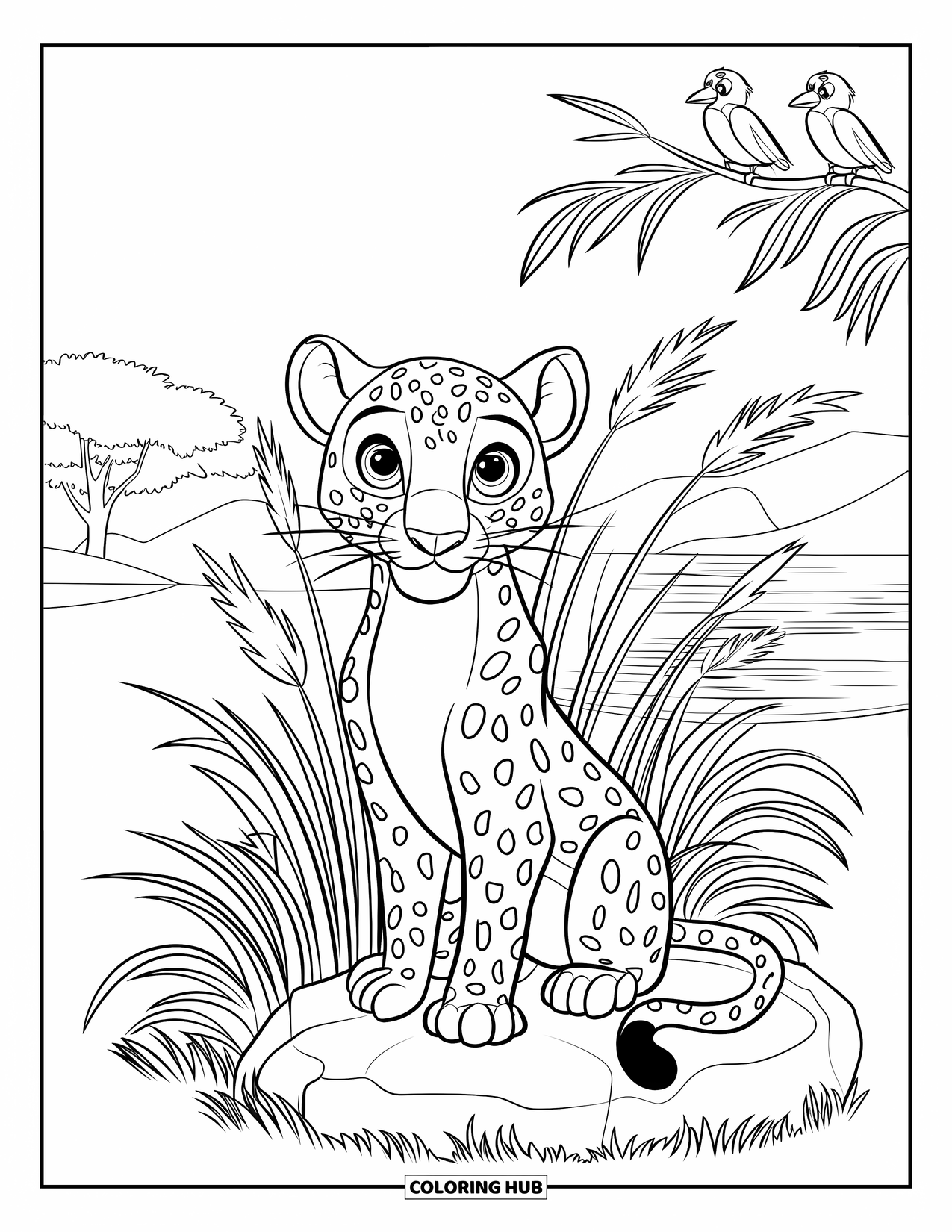 Leopard Coloring Page for Kids: Leopard with curious eyes sits on a rock as birds perch nearby