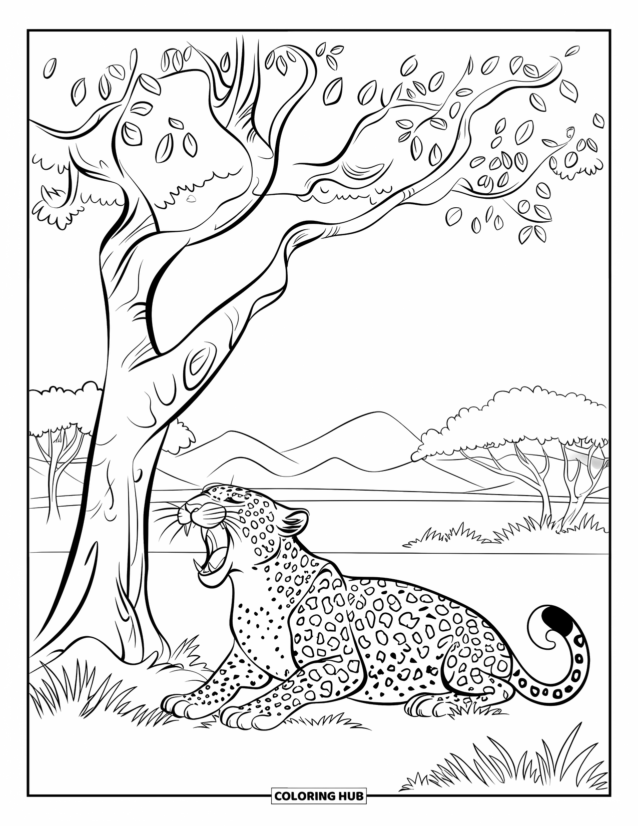 Leopard Coloring Page for Kids: Leopard yawns beneath a tree in a bright morning forest scene