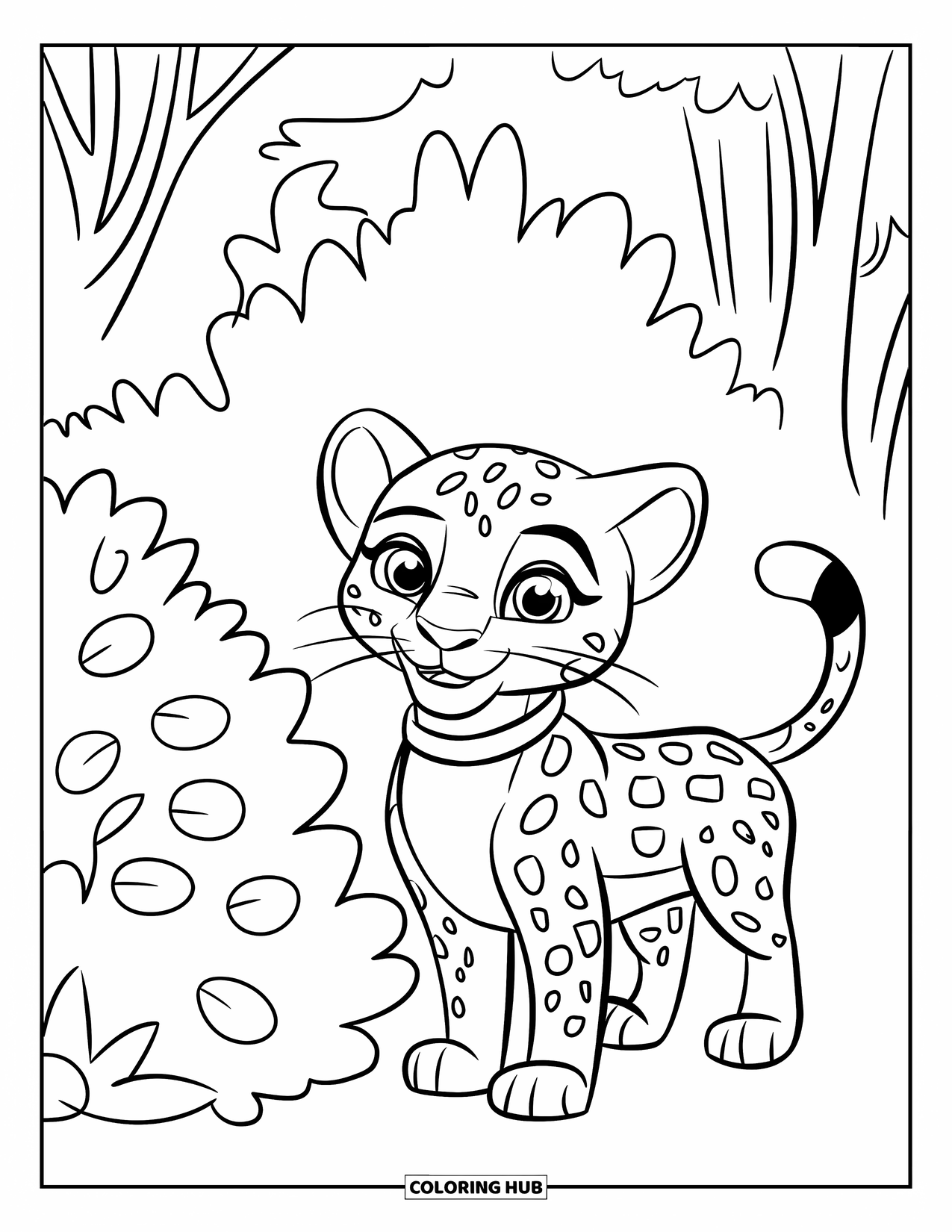 Leopard Coloring Page for Kids: Little leopard stands playfully beside a leafy bush in the forest