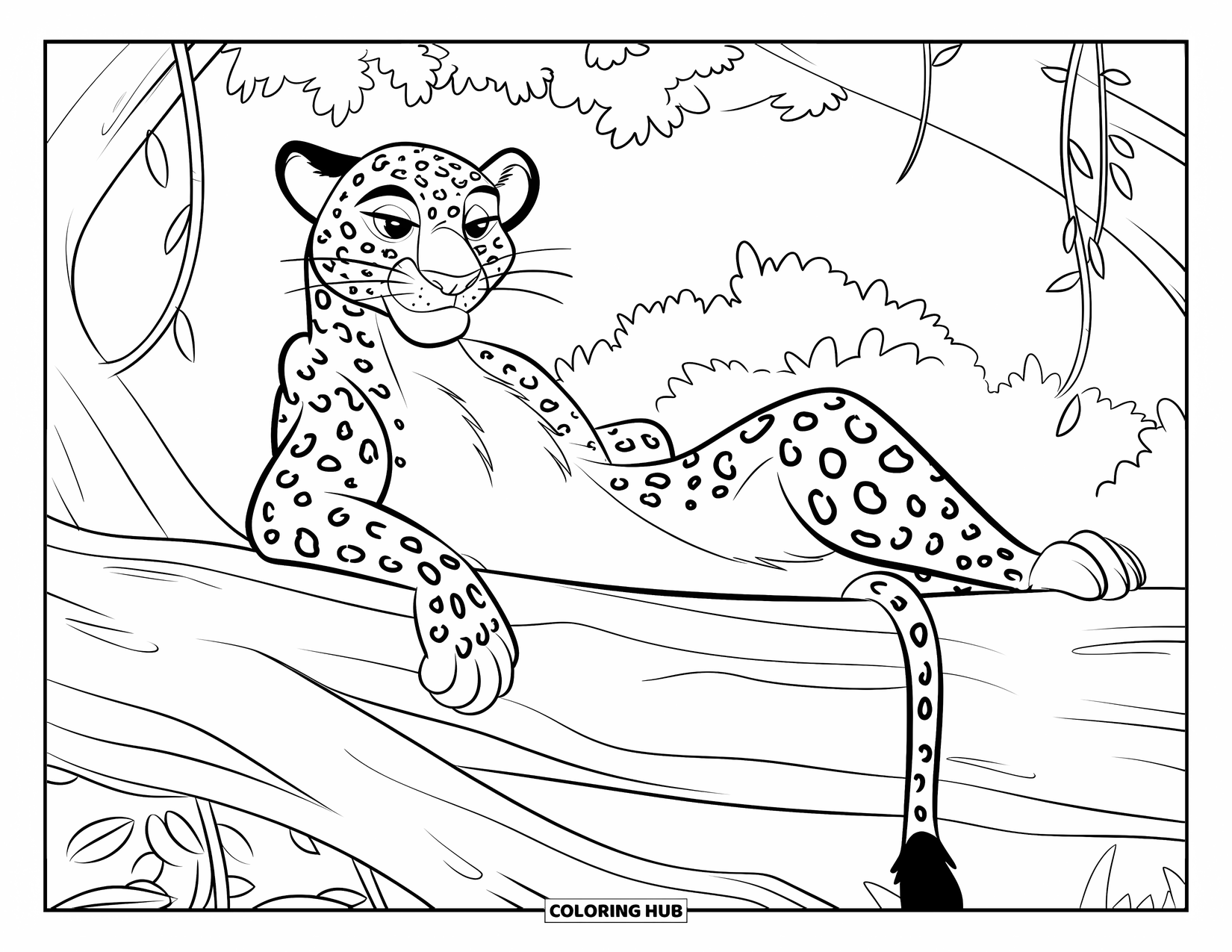 Leopard Coloring Page for Kids: Relaxed leopard rests on rocky ground near hanging vines and greenery