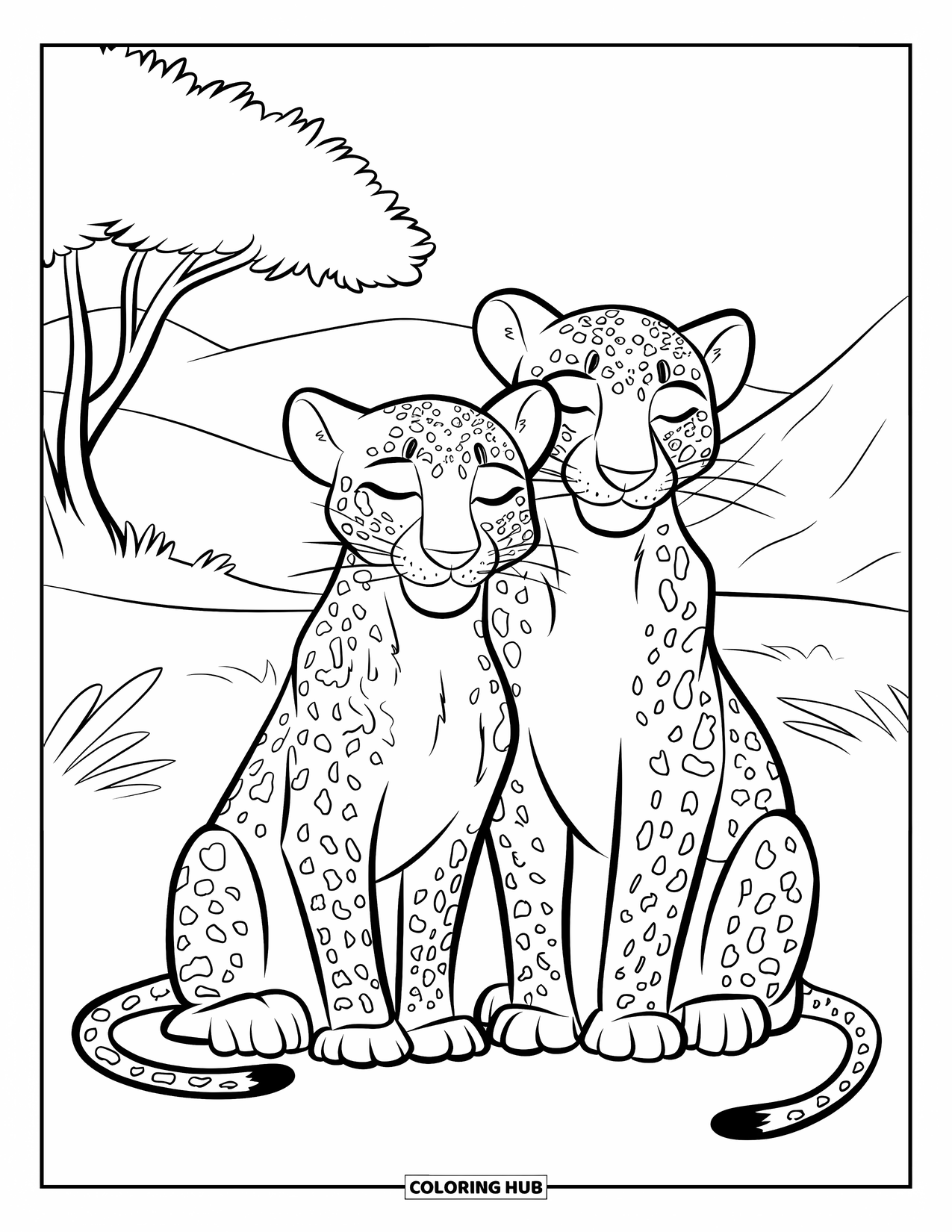Leopard Coloring Page for Kids: Two leopard siblings sit close together on soft grassy ground