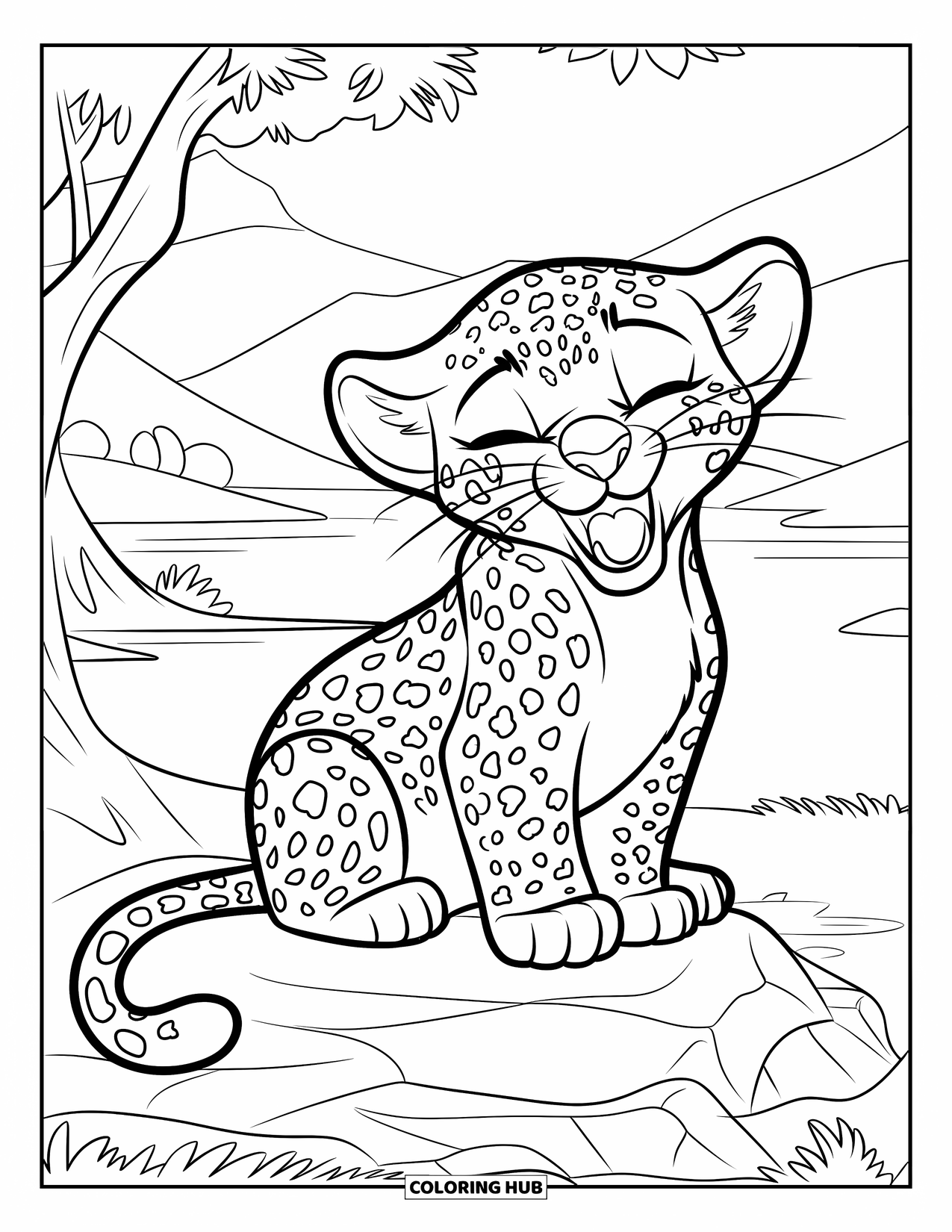 Leopard Coloring Page for Kids: Yawning leopard cub stretches its tail while sitting on a rock
