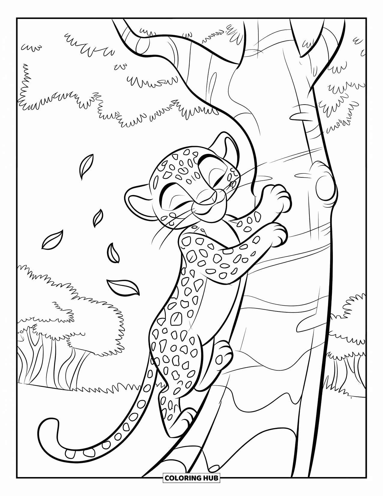 Leopard Coloring Page for Kids: Young leopard climbs halfway up a tree with falling leaves around