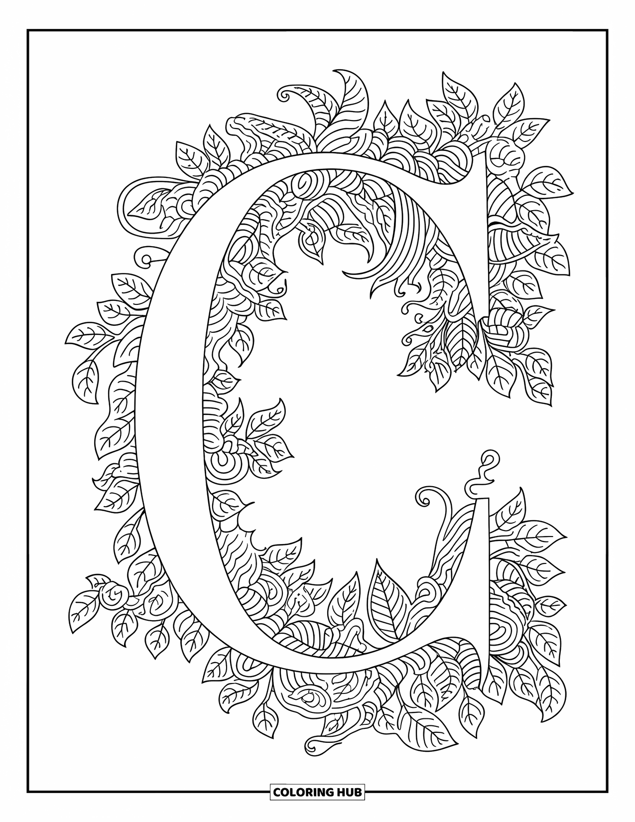 Letter C Coloring Page for Adults: Bold letter C formed by curling leaves and climbing vines in a garden theme