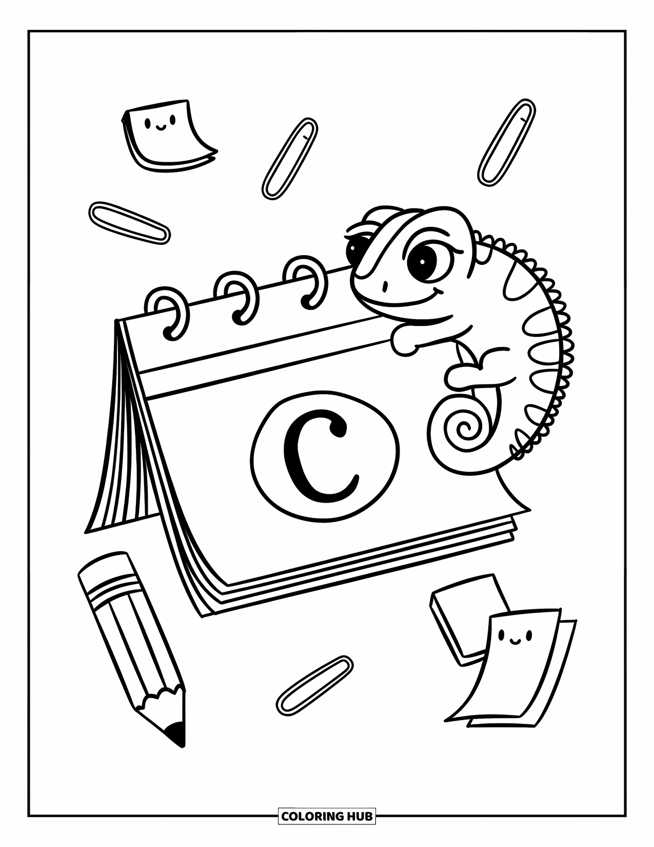 Letter C Coloring Page for Adults: Calendar with a circled C, clinging chameleon, and playful paperclips and notes