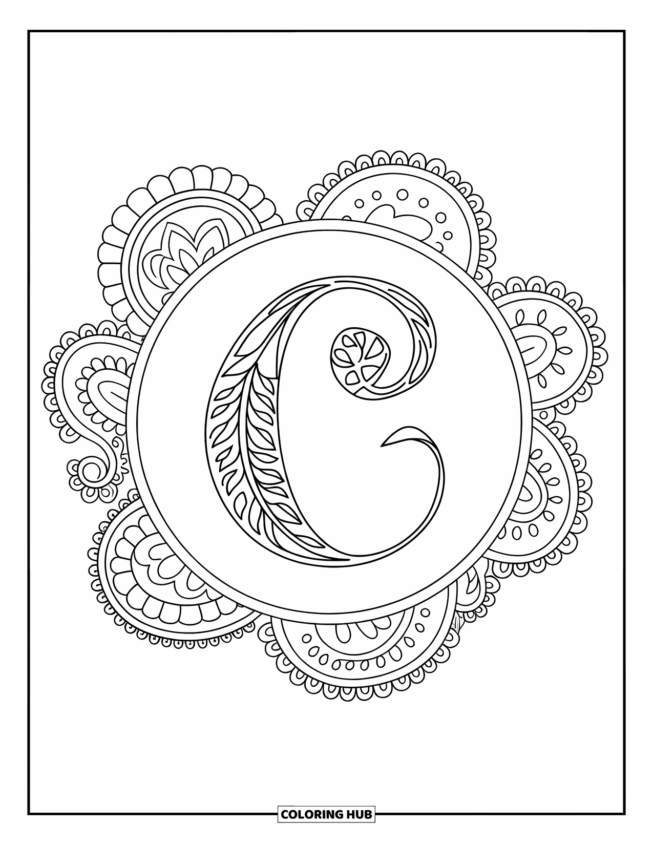 Letter C Coloring Page for Adults: Calligraphy letter C framed in a circular paisley with intricate swirling patterns