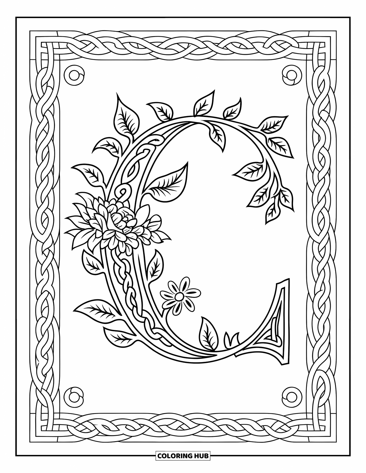Letter C Coloring Page for Adults: Celtic C made of flowering vines and surrounded by woven knotwork details