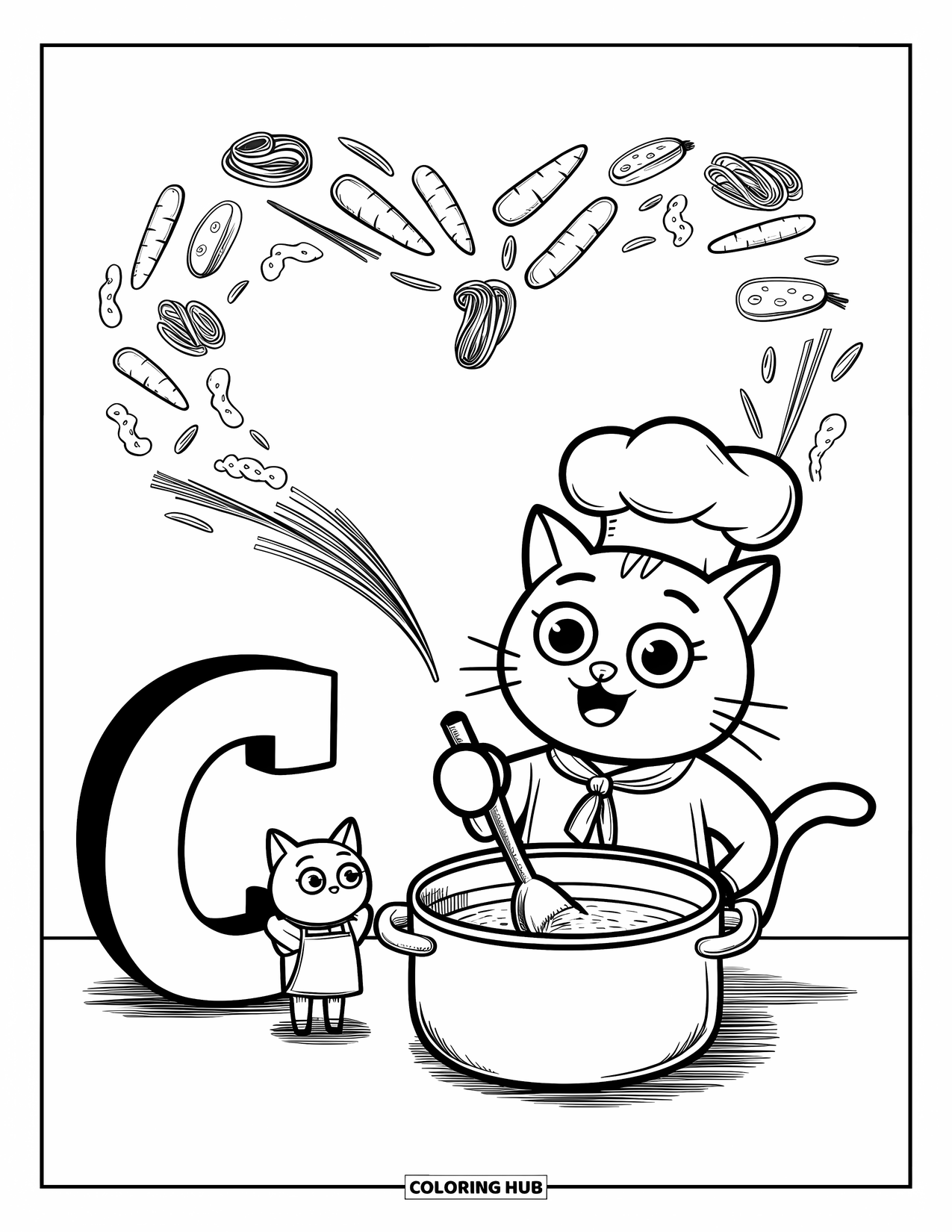 Letter C Coloring Page for Adults: Chef cat stirs a pot while C in an apron watches ingredients swirl into a heart