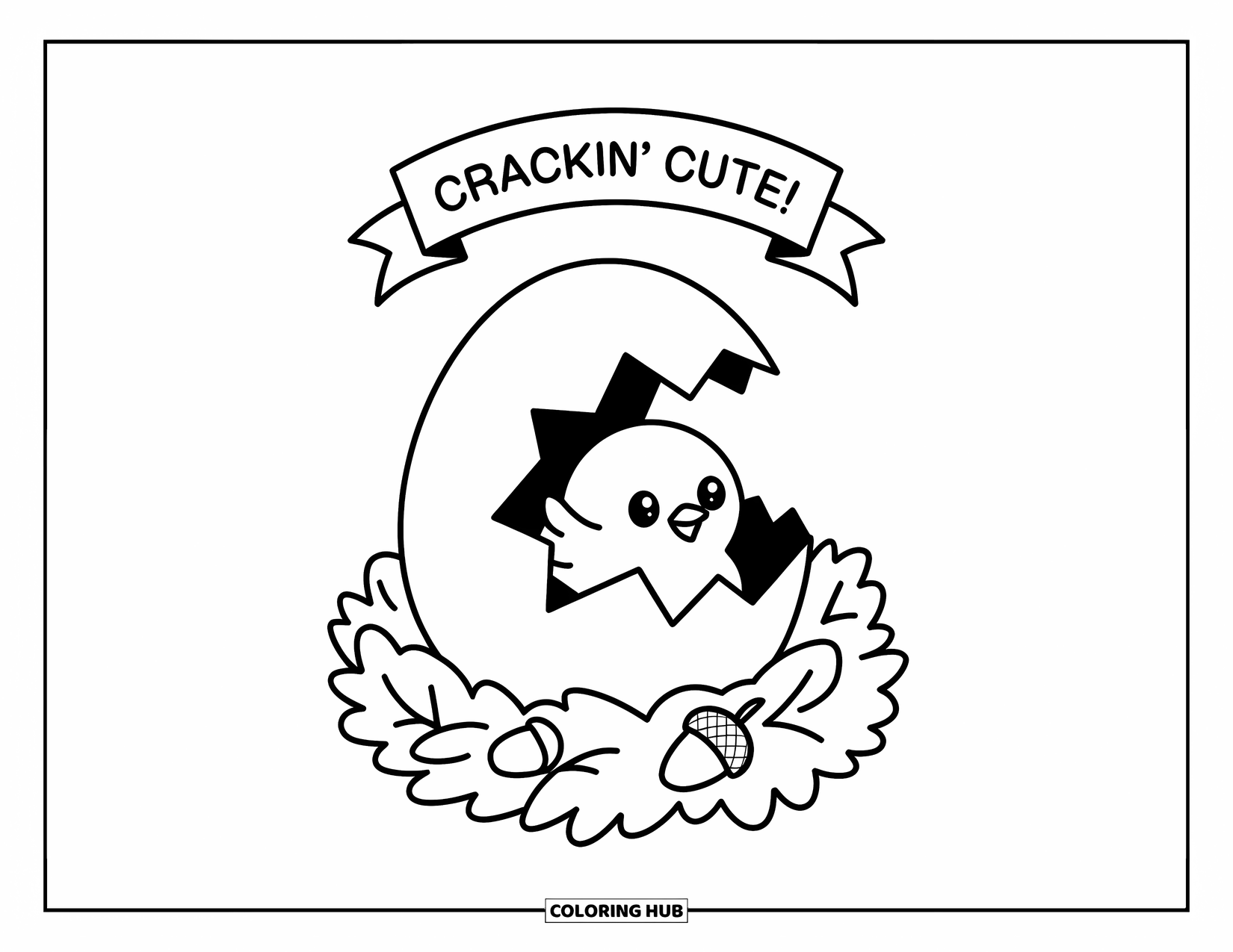 Letter C Coloring Page for Adults: Chick hatches from a C-shaped egg in a nest with a ìCrackin' Cute!î banner