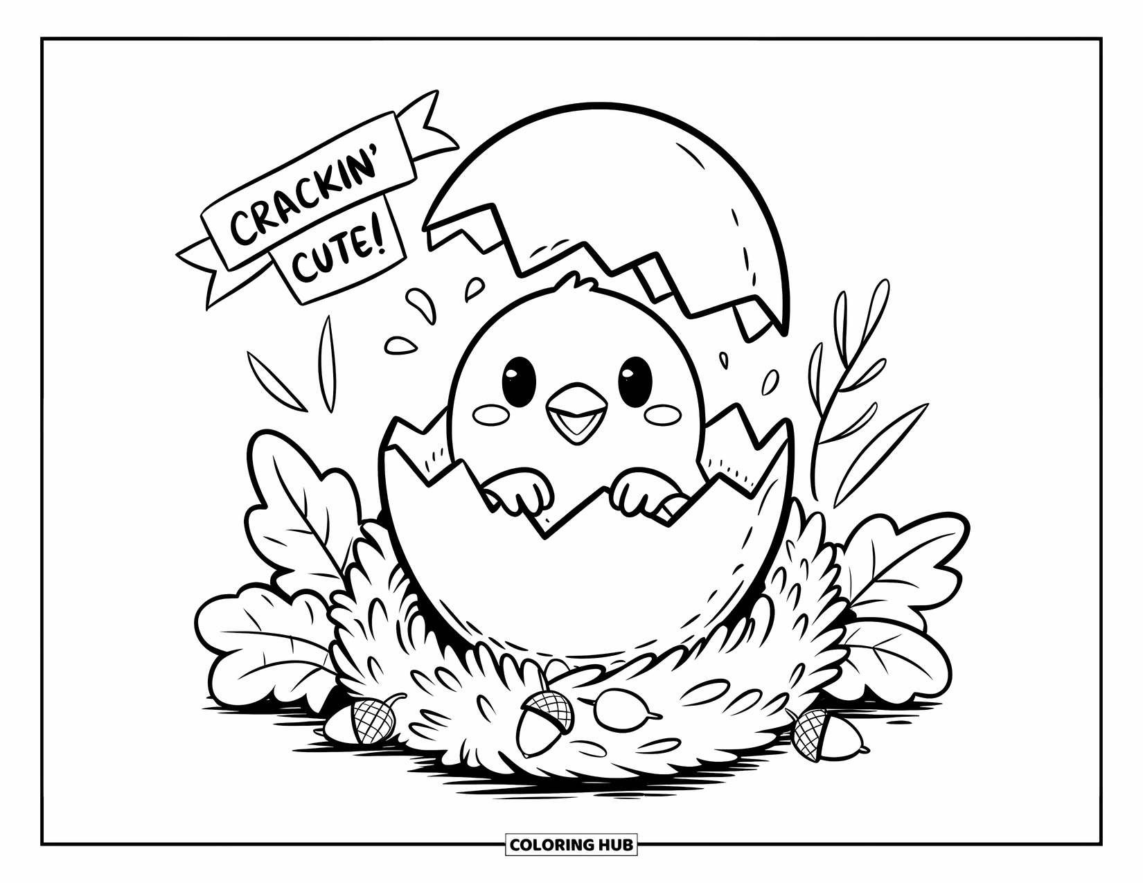 Letter C Coloring Page for Adults: Chick pops out of a C-egg, resting in a leafy nest under a cute banner