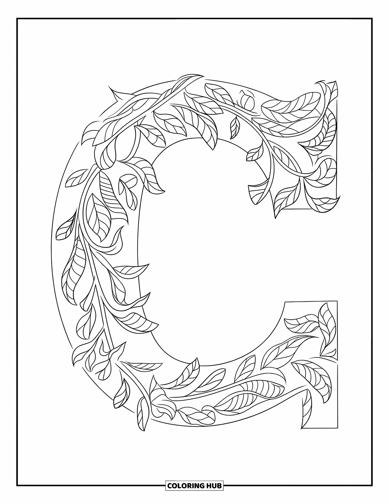 Letter C Coloring Page for Adults: Climbing vines and leaves form a garden scene shaped like the letter C