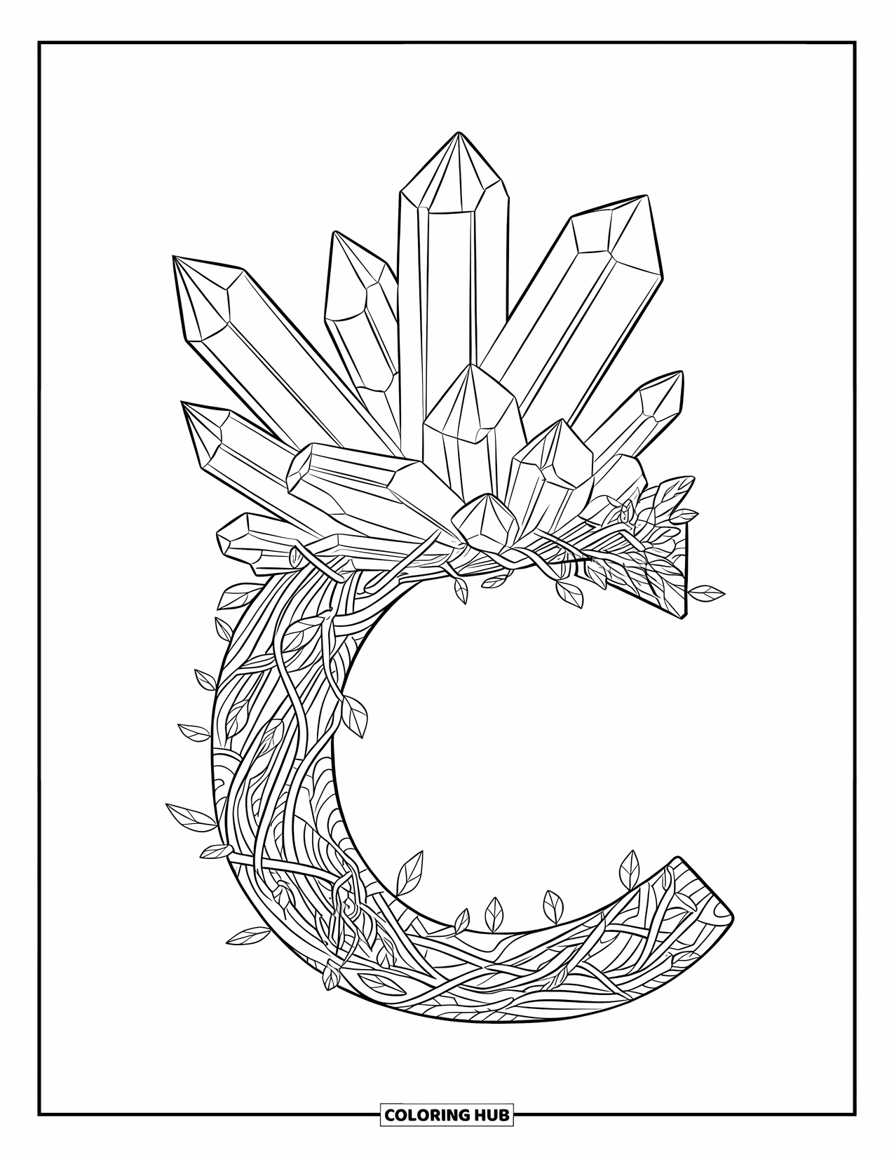 Letter C Coloring Page for Adults: Crystals with sharp facets grow from a vine-covered letter C