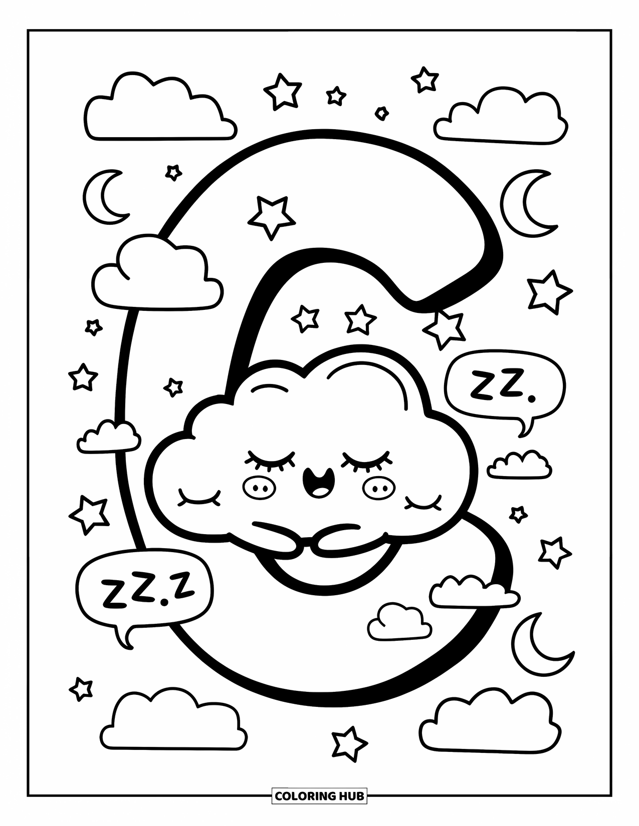Letter C Coloring Page for Adults: Dozing cloud cuddles C while stars, moons, and dreamy ìZzzî bubbles float around