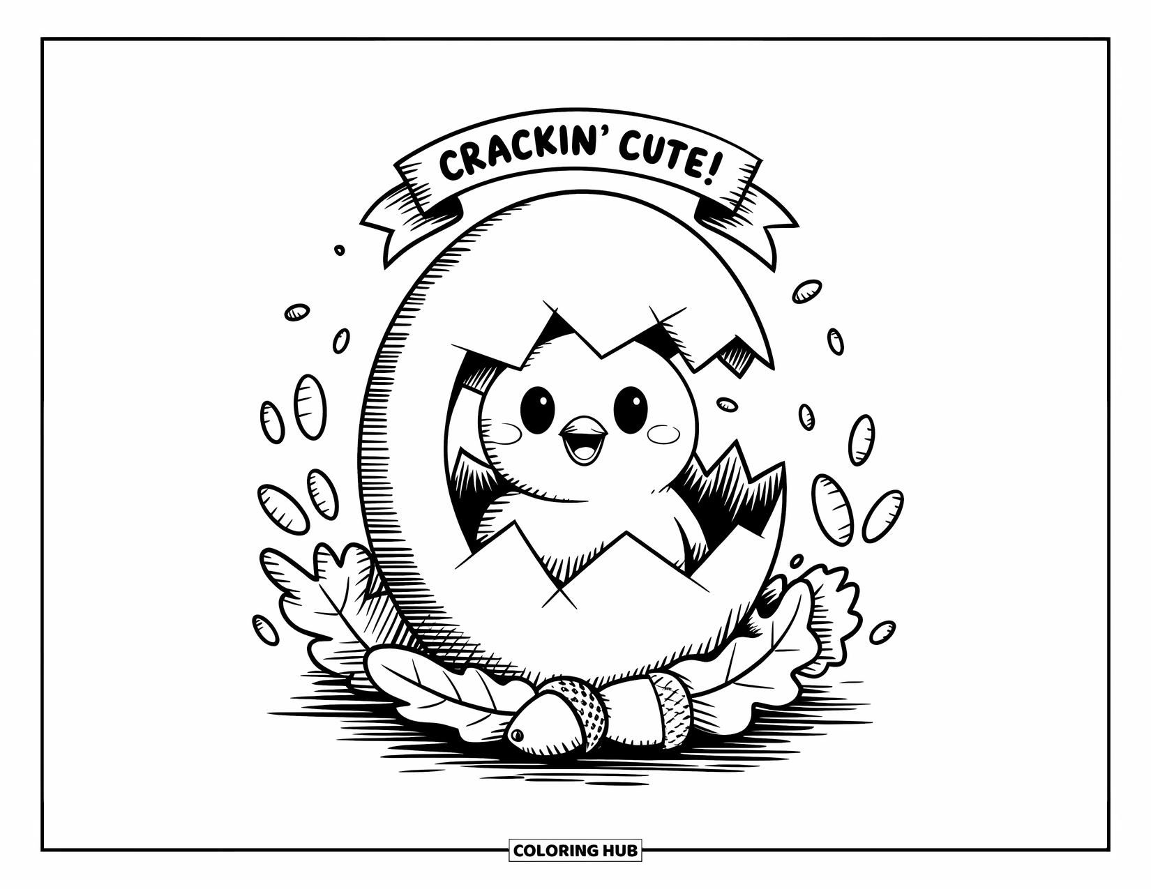 Letter C Coloring Page for Adults: Happy chick in a C-egg nest with acorns and a banner that says ìCrackin' Cute!î