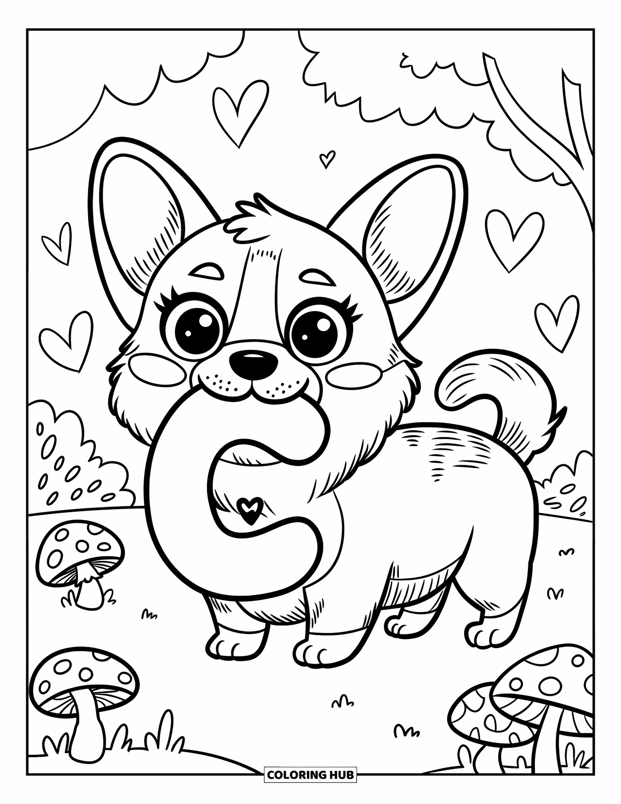 Letter C Coloring Page for Adults: Happy corgi with wagging tail holds a C balloon in a park with mushrooms and hearts