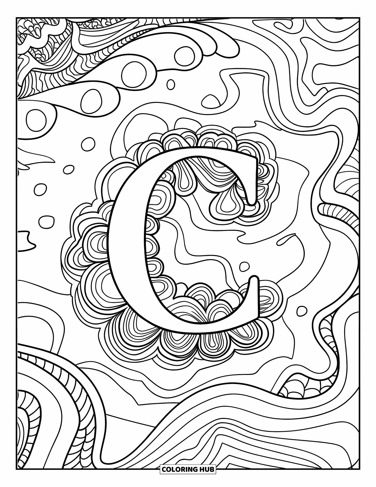 Letter C Coloring Page for Adults: Intricate zentangle background circles around a bold, central letter C