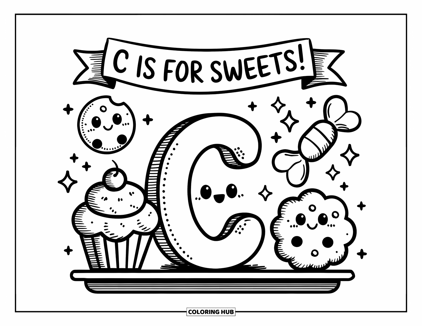 Letter C Coloring Page for Adults: Letter C on a bakery shelf with cute treats and a ìC is for sweets!î banner