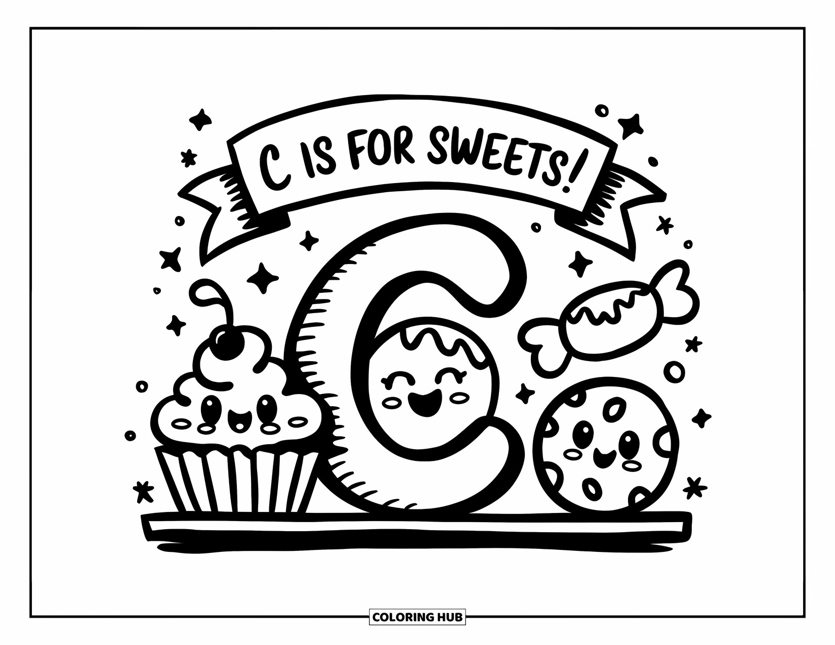 Letter C Coloring Page for Adults: Letter C sits with sweet snacks and sparkles under a playful ìC is for sweets!î banner