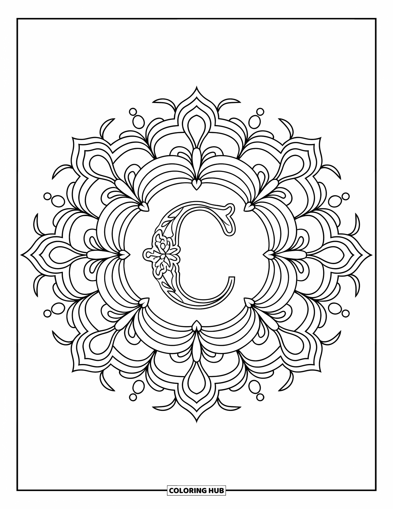 Letter C Coloring Page for Adults: Ornate letter C rests in the center of a swirling floral mandala