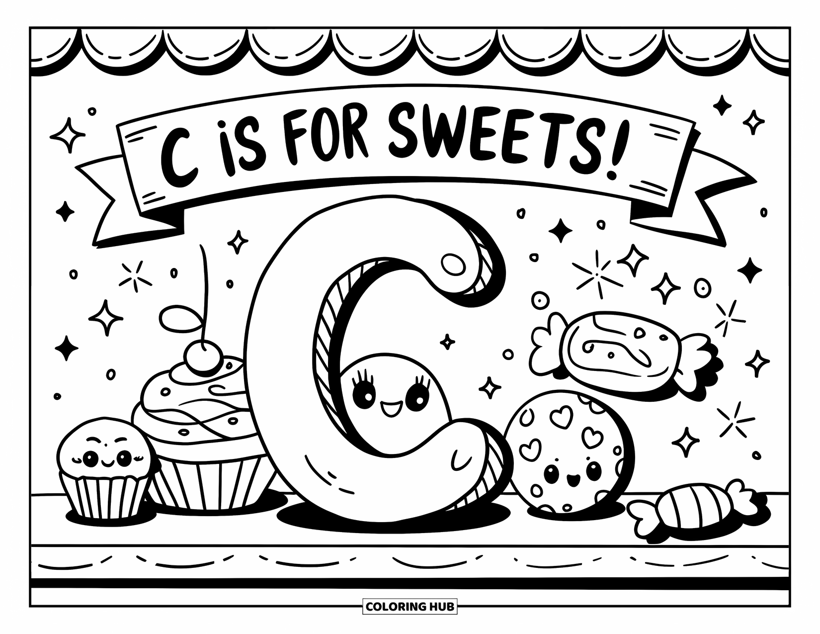 Letter C Coloring Page for Adults: Smiling letter C hangs out with a cupcake, cookie, candy, and a ìC is for sweets!î sign
