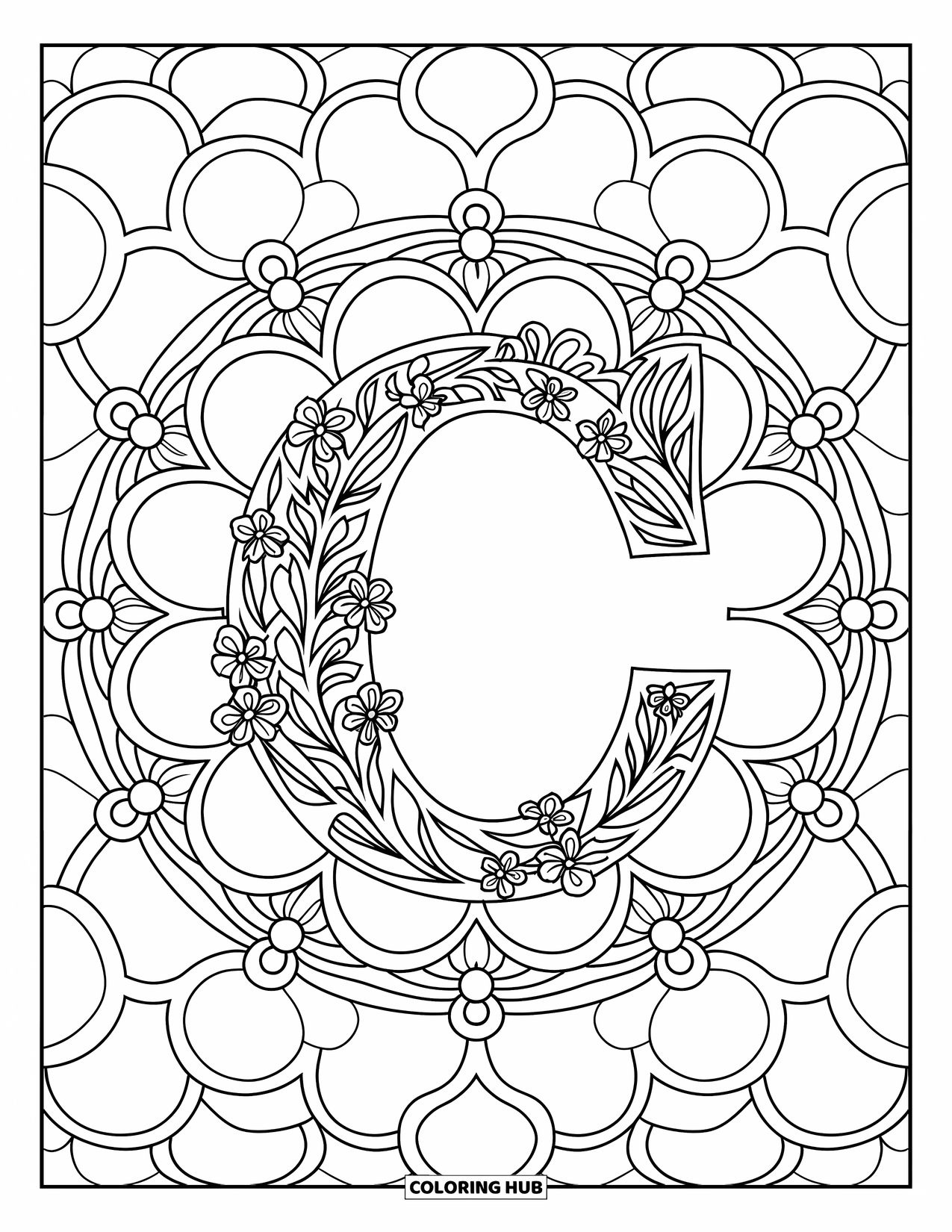 Letter C Coloring Page for Adults: Vine-wrapped letter C sits inside a floral mandala with interlocking circular patterns