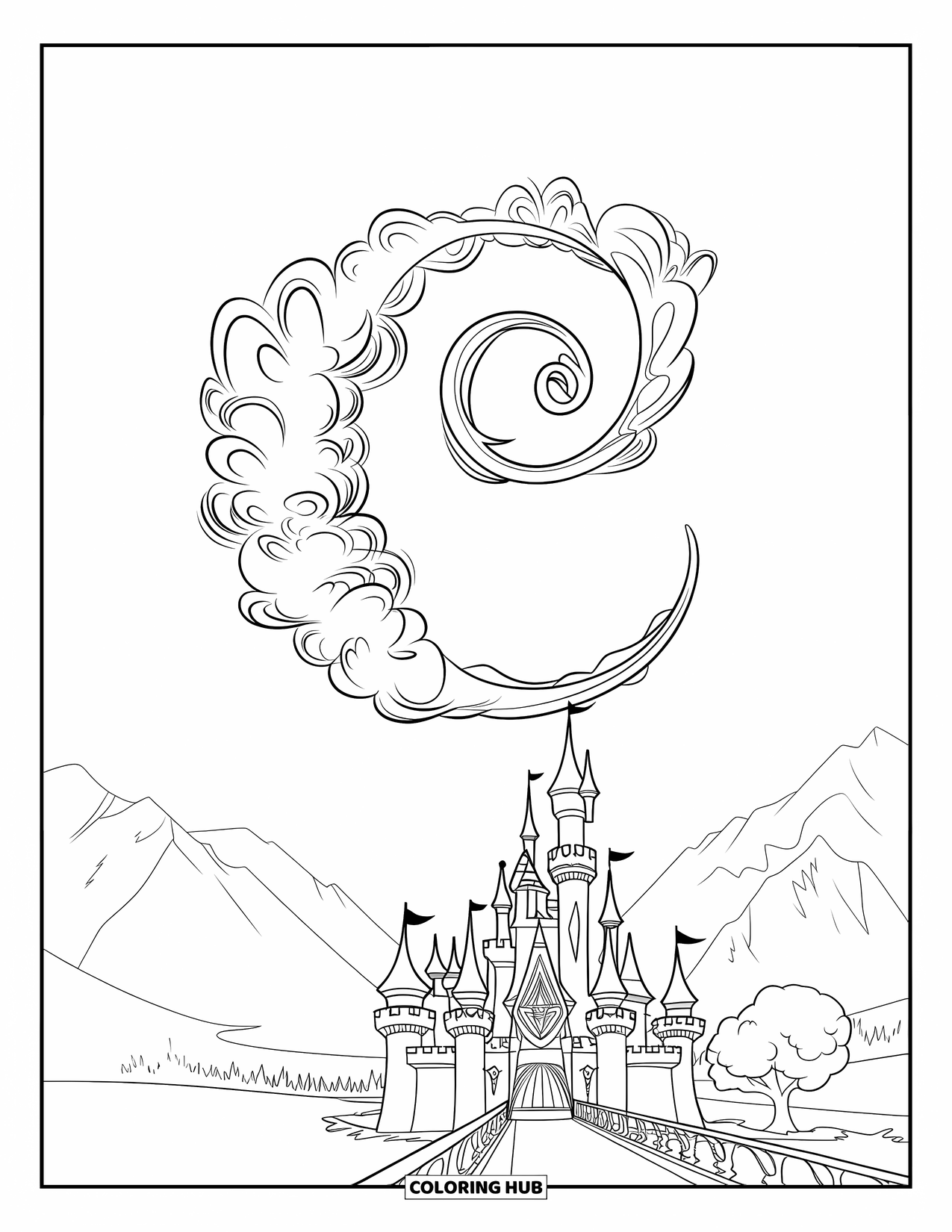 Letter C Coloring Page for Kids: A swirling letter C floats above a castle, trees, bridge, and mountain view