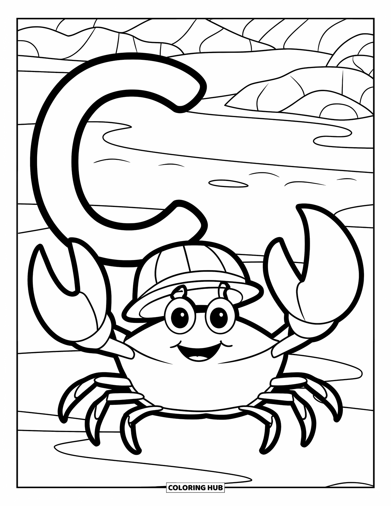 Letter C Coloring Page for Kids: Big letter C stands next to a crab with a hat on a sandy beach