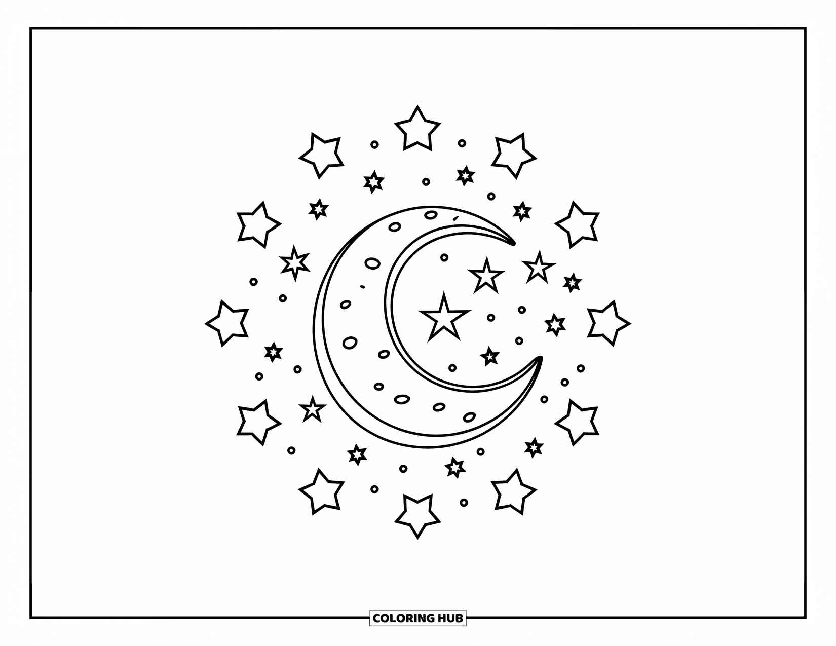 Letter C Coloring Page for Kids: Bold C surrounded by cratered moon and tiny stars in a dreamy sky