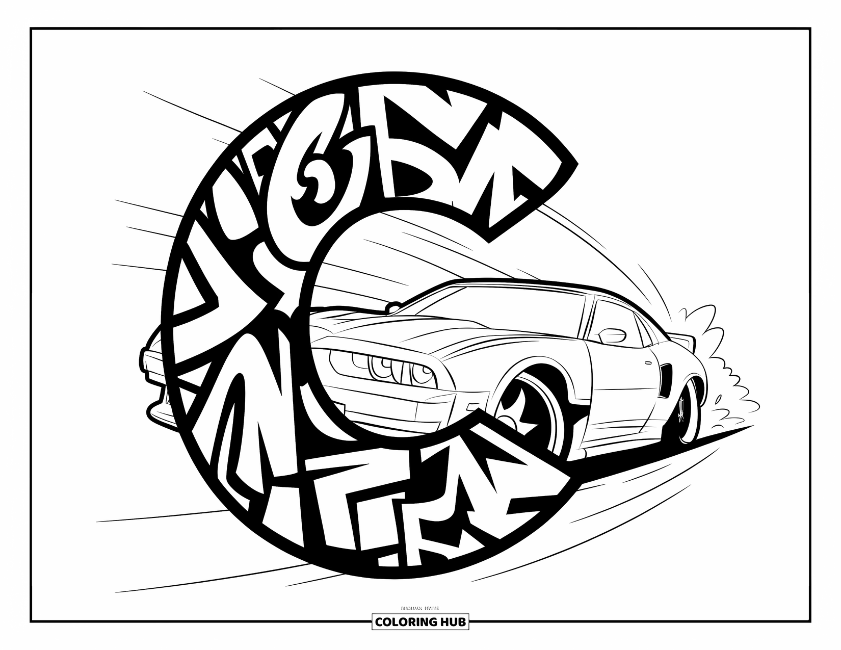 Letter C Coloring Page for Kids: Bold C with drifting car and street style in motion