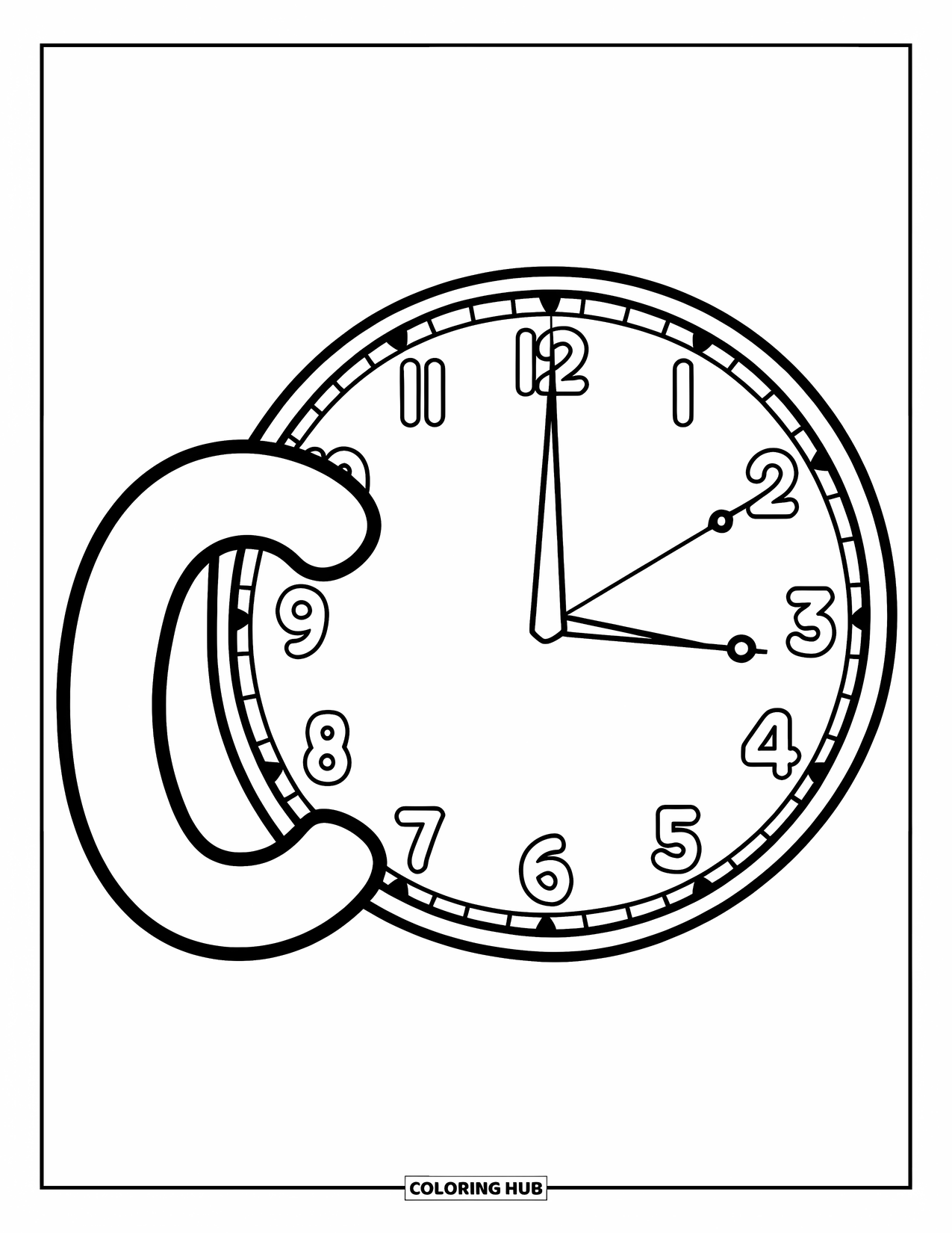 Letter C Coloring Page for Kids: C and a clock show twelve o'clock with curved and straight hands