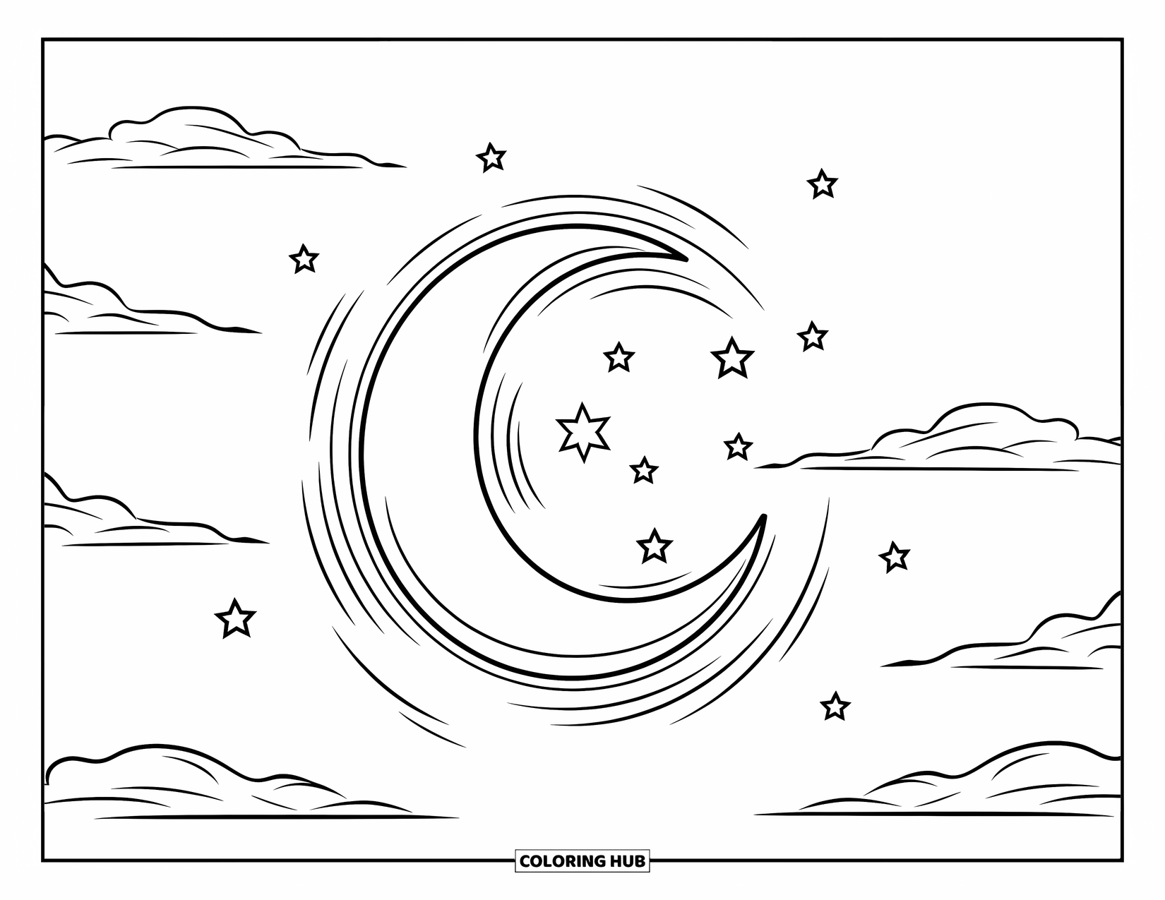 Letter C Coloring Page for Kids: C sits in the sky as stars swirl near a moon and soft clouds