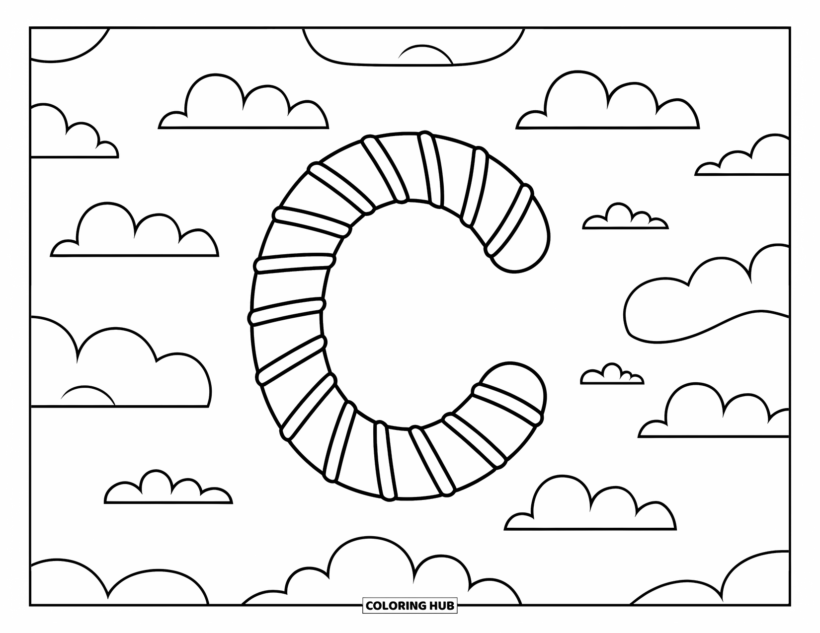 Letter C Coloring Page for Kids: Candy cane C floats among soft cartoon clouds in different sizes