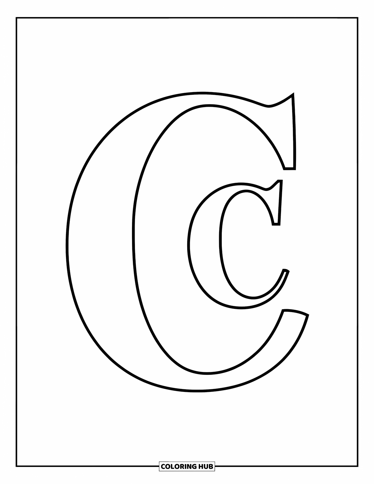 Letter C Coloring Page for Kids: Capital C and little c stand side by side in a playful, friendly style