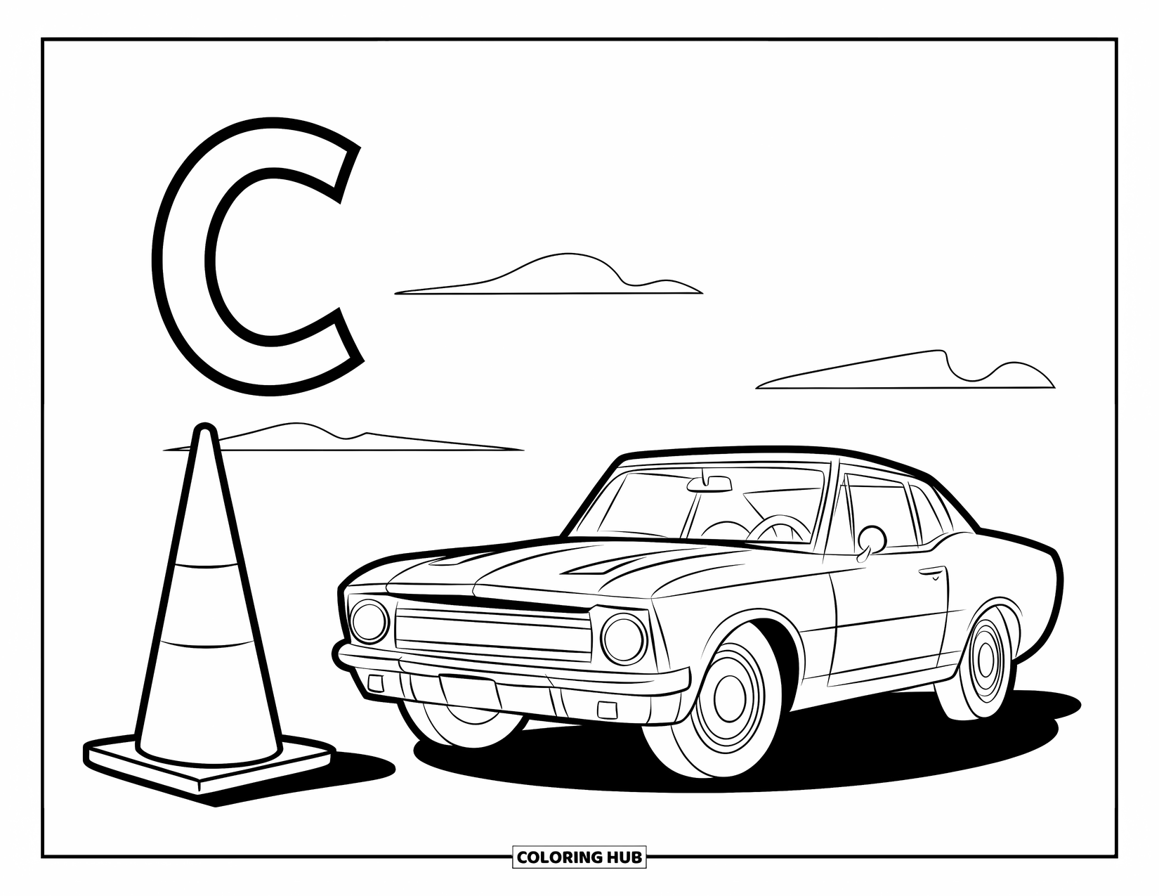 Letter C Coloring Page for Kids: Car parks near a cone as clouds drift behind the bold letter C