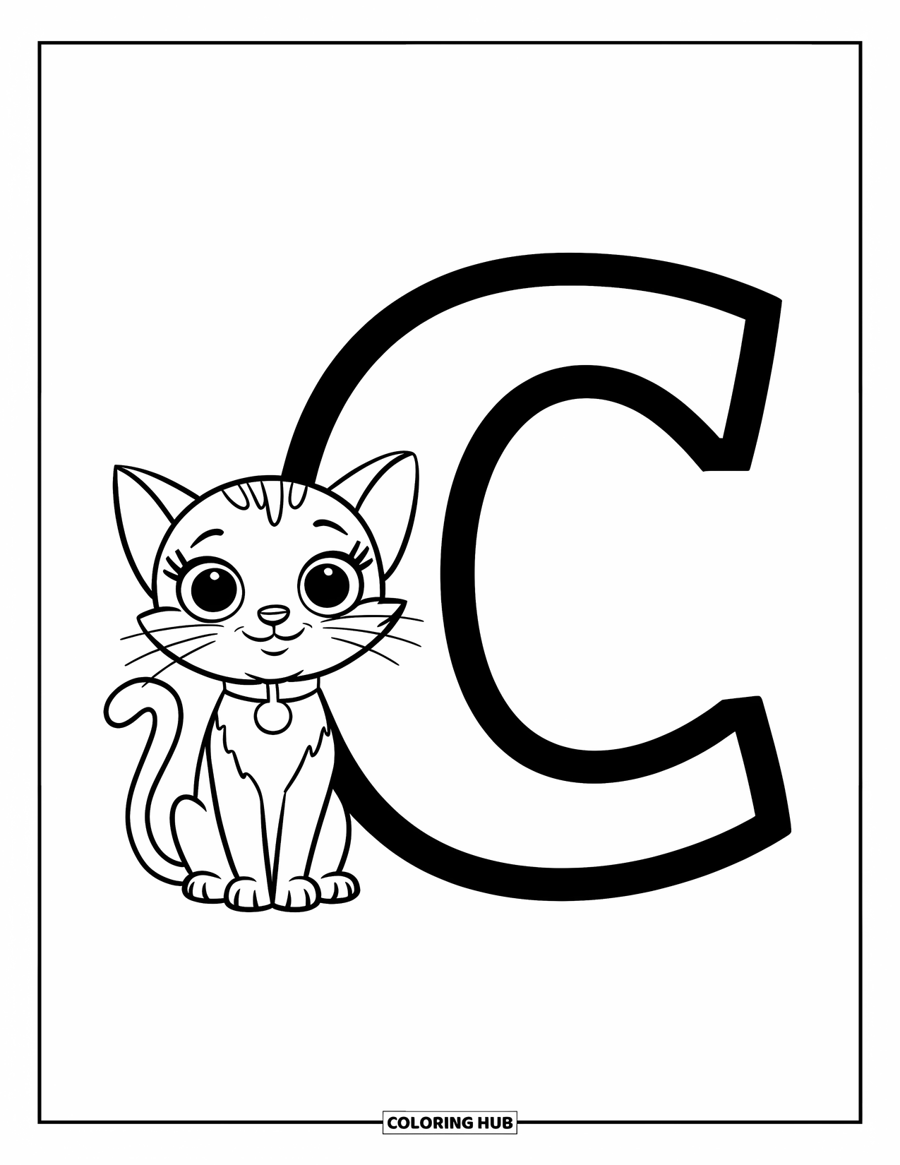 Letter C Coloring Page for Kids: Cartoon cat with big eyes sits calmly beside a large letter C