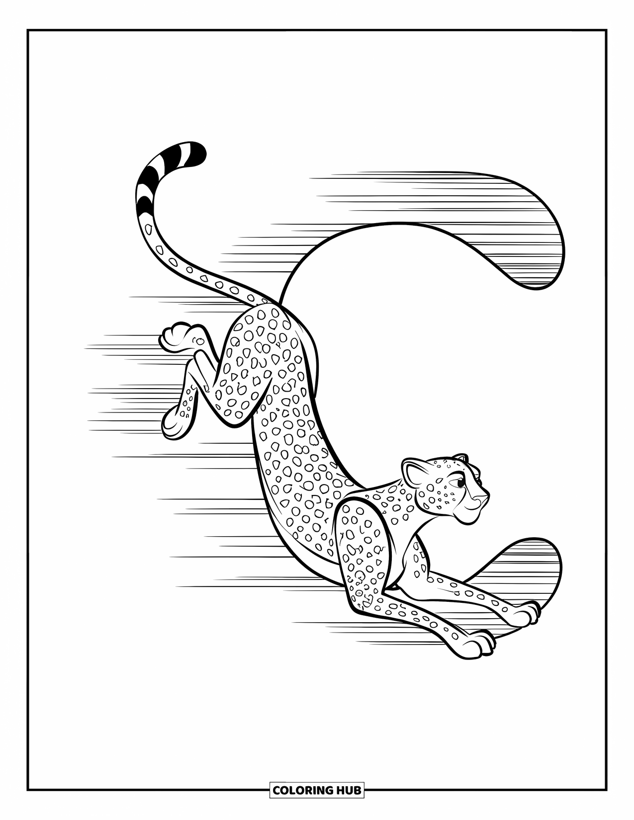 Letter C Coloring Page for Kids: Cheetah races forward as motion lines curl into the shape of C