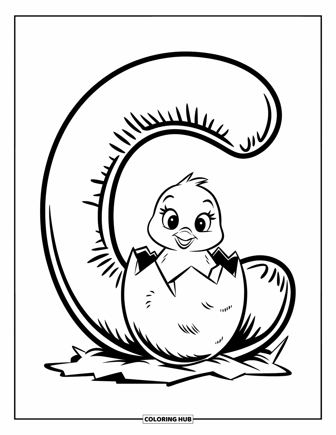 Letter C Coloring Page for Kids: Chick with wide eyes pops from an eggshell nestled inside a balloon-style C