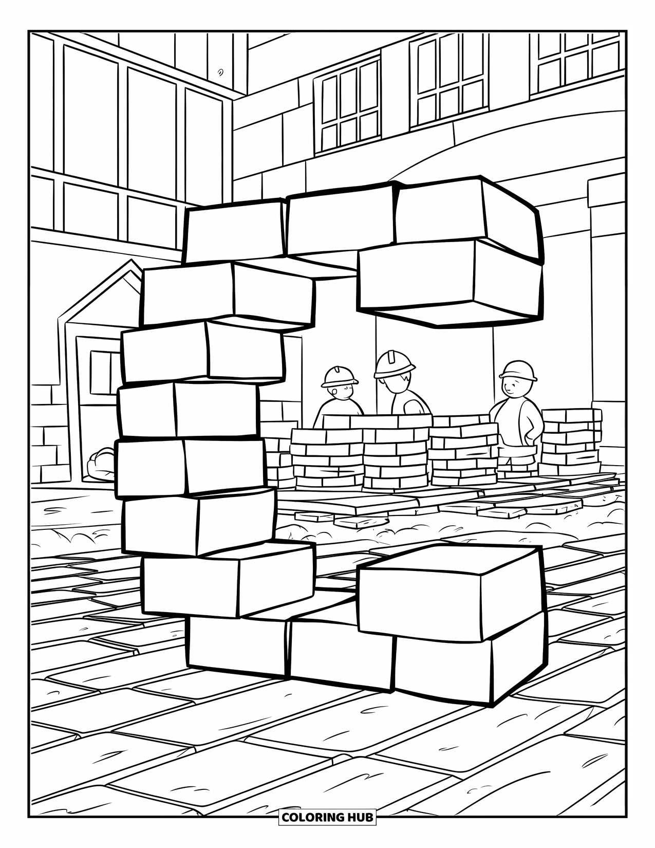 Letter C Coloring Page for Kids: Construction workers in hard hats build near a blocky C and a large building