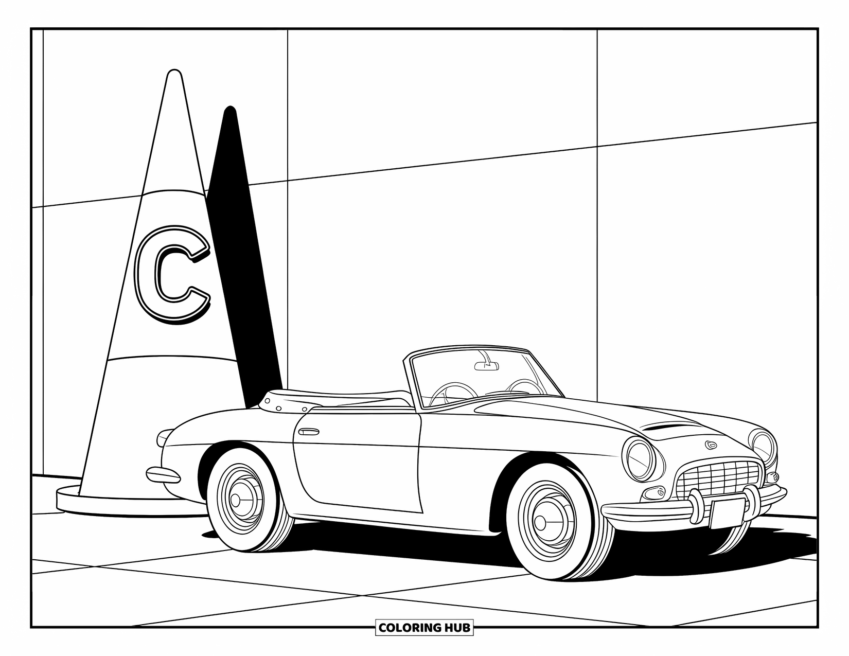 Letter C Coloring Page for Kids: Convertible car rests by a cone with a letter C above its soft top