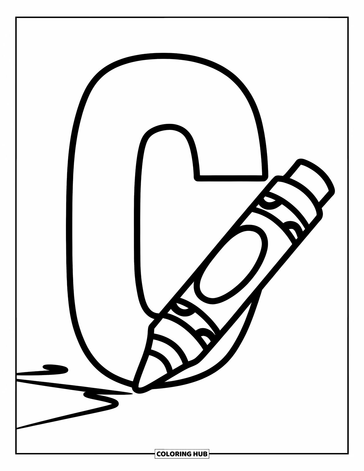 Letter C Coloring Page for Kids: Crayon draws a line beside a chunky letter C with a cheerful face