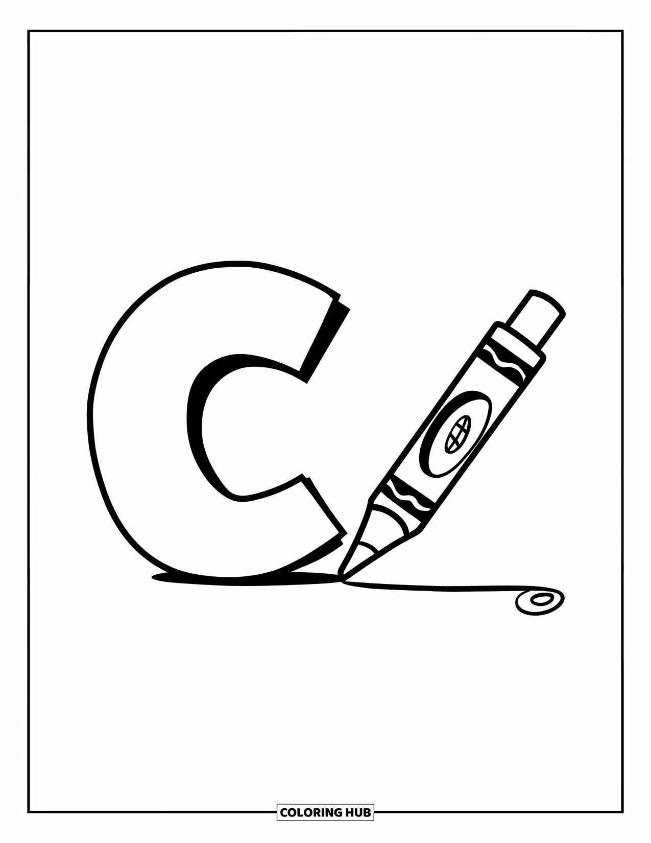 Letter C Coloring Page for Kids: Crayon grips the chunky C and draws a straight line with a circle at the end